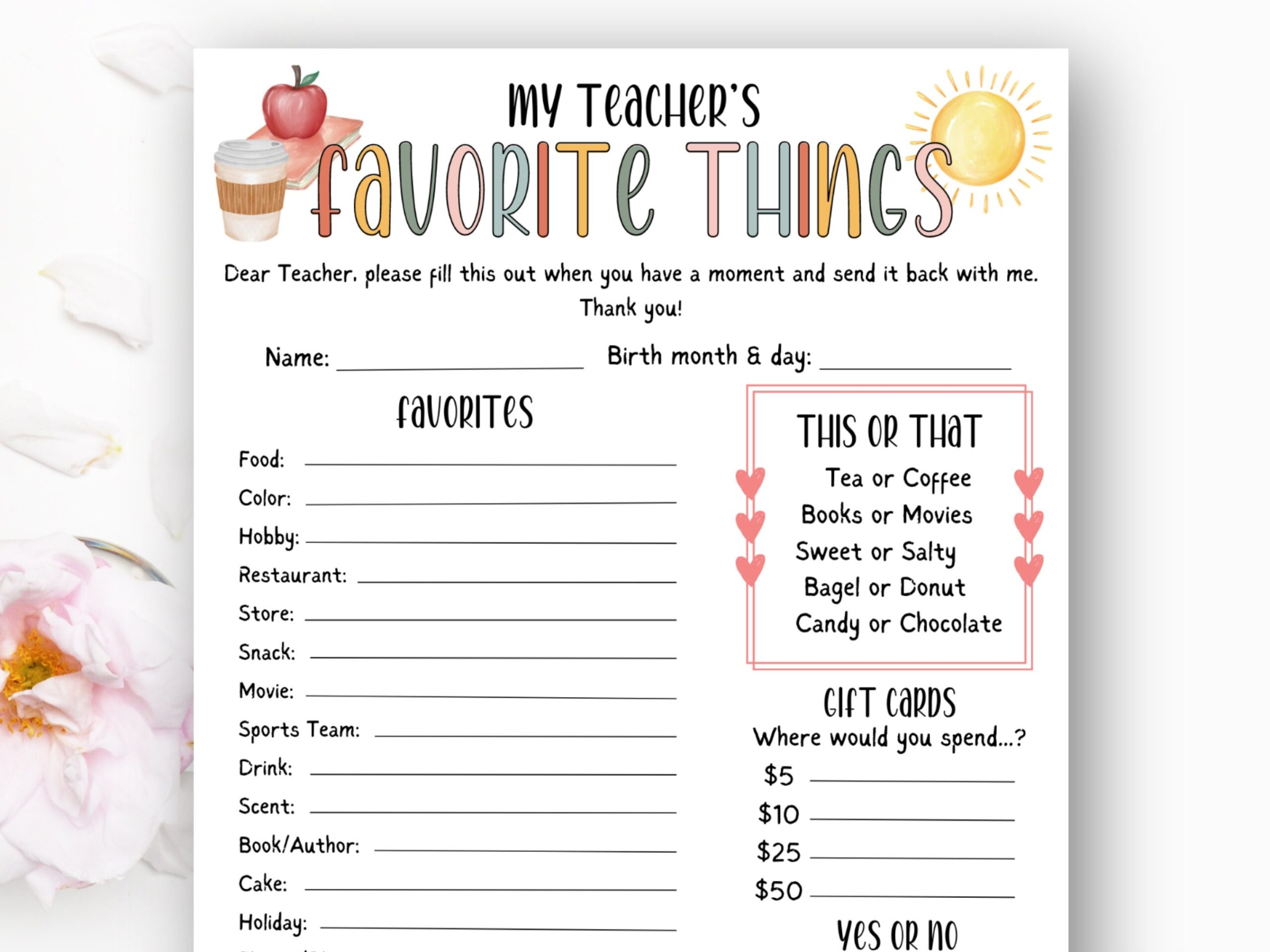 free printable teacher favorite things