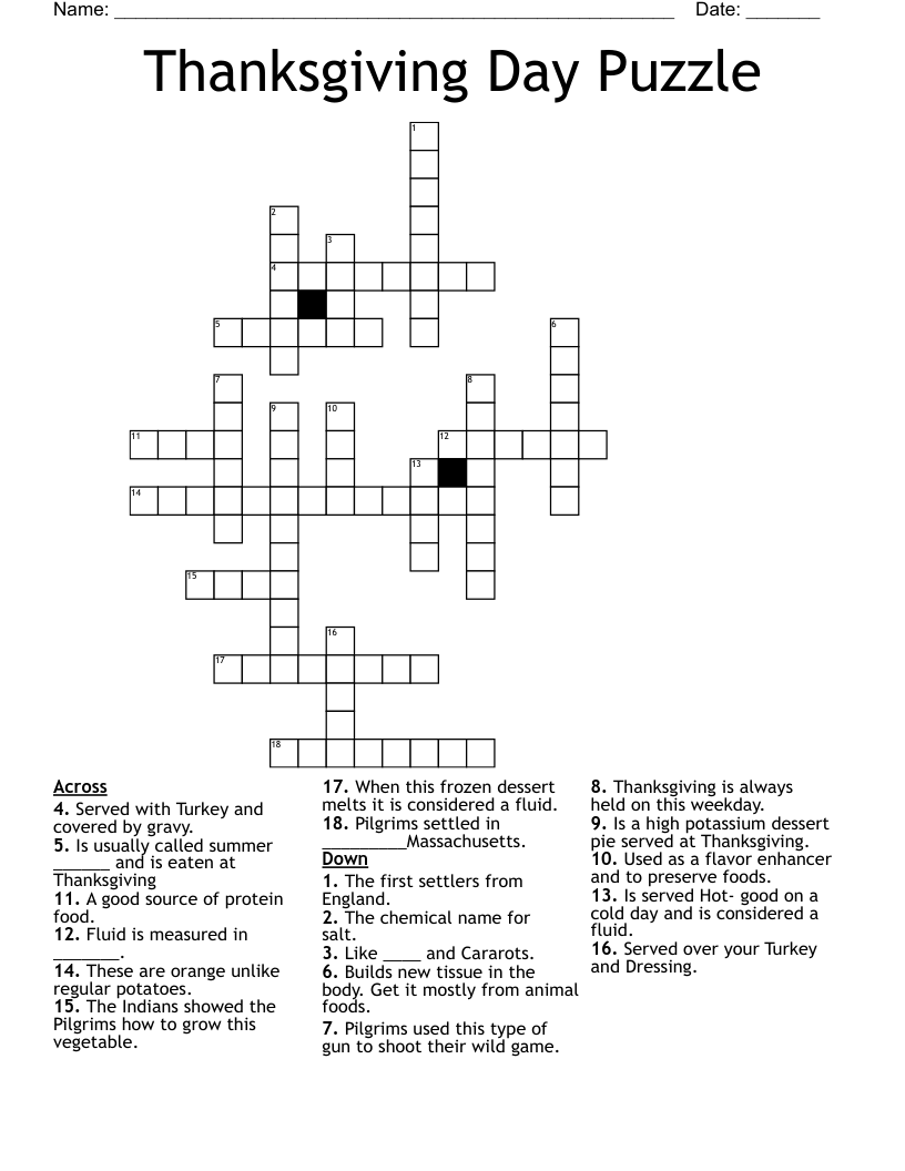 thanksgiving crossword free printable