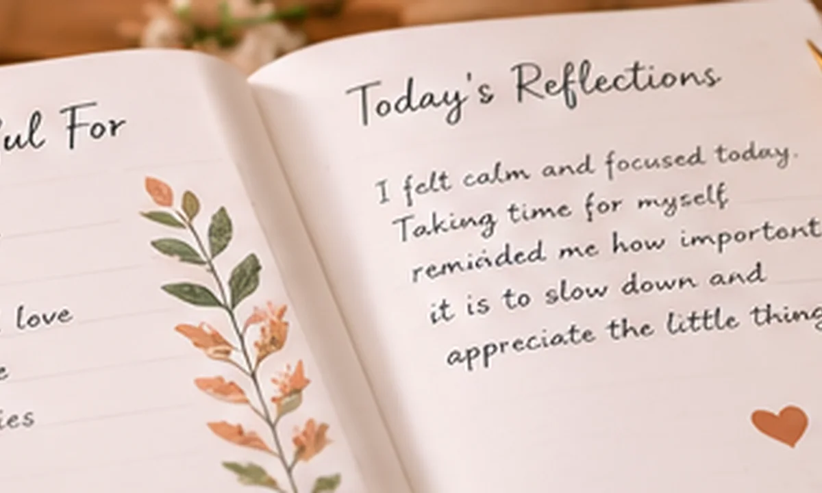 Open printable journal with reflection prompts on a warm desk