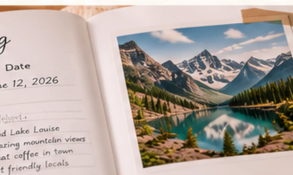 Travel logbook with map, camera, mountain photo and camping mug