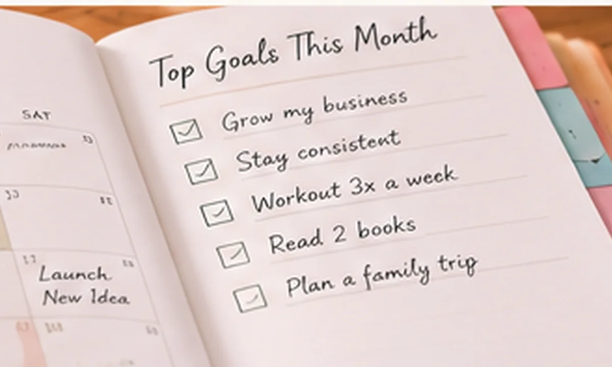 Open monthly planner with goals and schedule pages on a warm organized desk