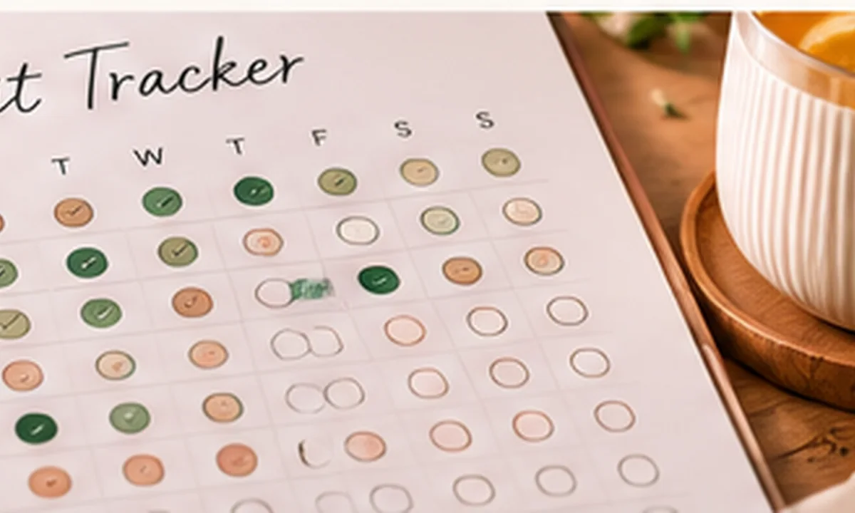 Printable habit tracker with colored progress circles, stationery and coffee