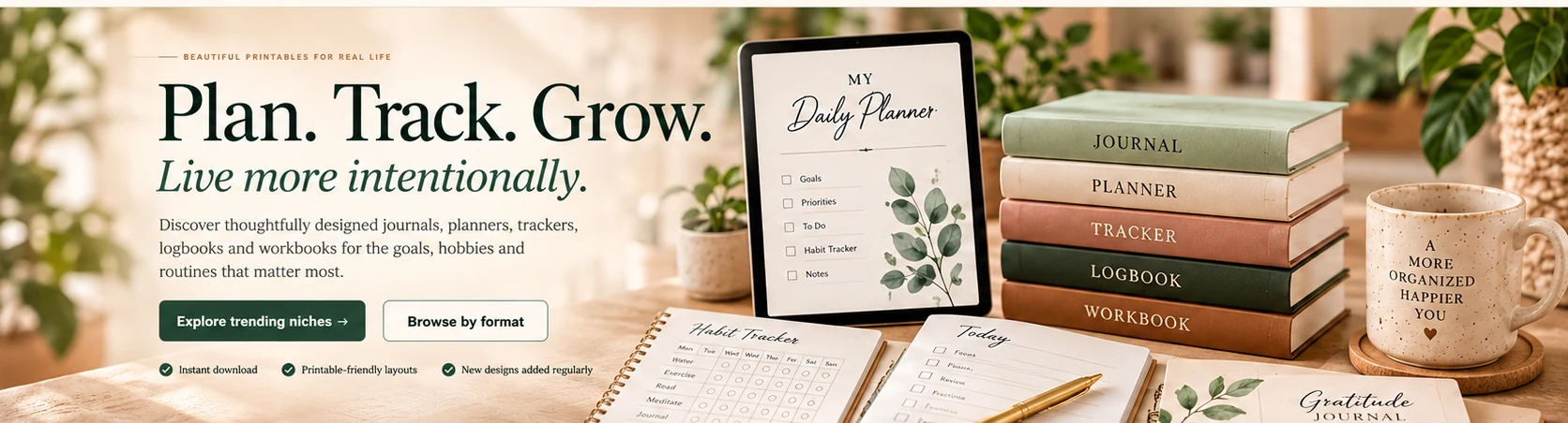 Plan Track Grow printable collection with a daily planner, journals, planners, trackers, logbooks and workbooks on a warm lifestyle desk