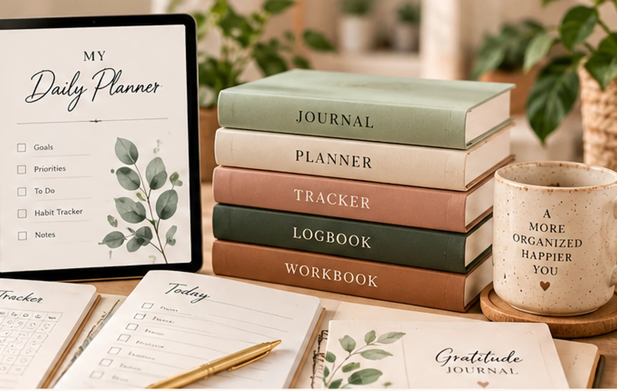 Warm coordinated printable library with journals, planners, trackers and workbooks