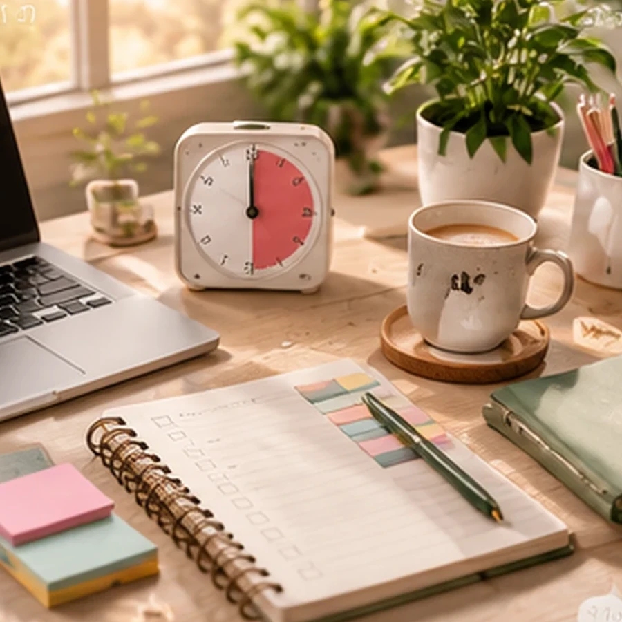 Productivity planning desk with notebook, laptop and timer