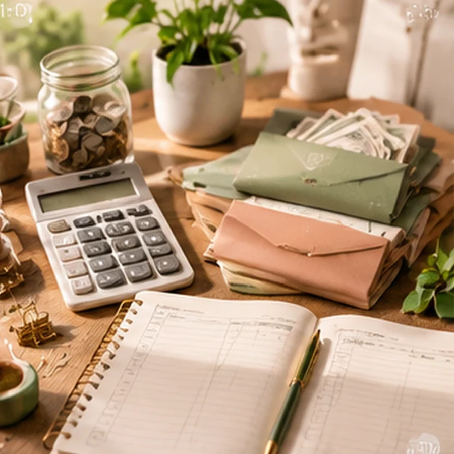 Budget and finance planning desk with calculator and notebook