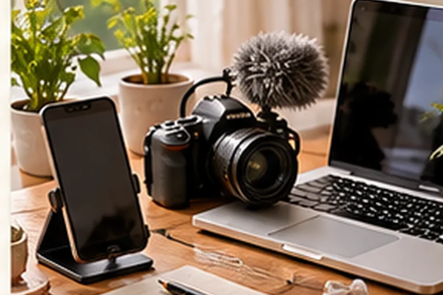 Content creator workspace with camera, microphone, laptop, phone and notebook