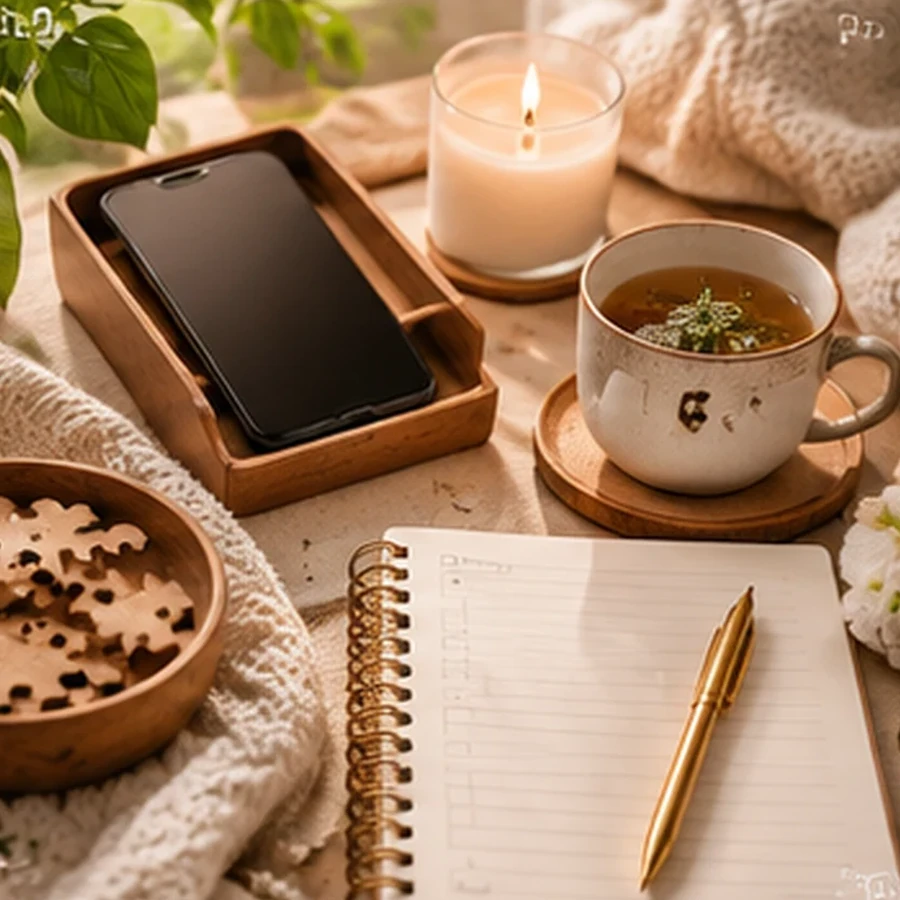 Screen-free self-care scene with phone set aside, tea, candle and notebook