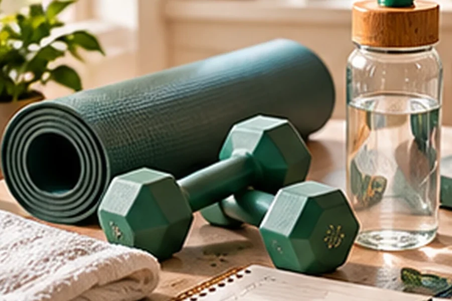 Home fitness setup with yoga mat, dumbbells, water bottle and workout planning notebook