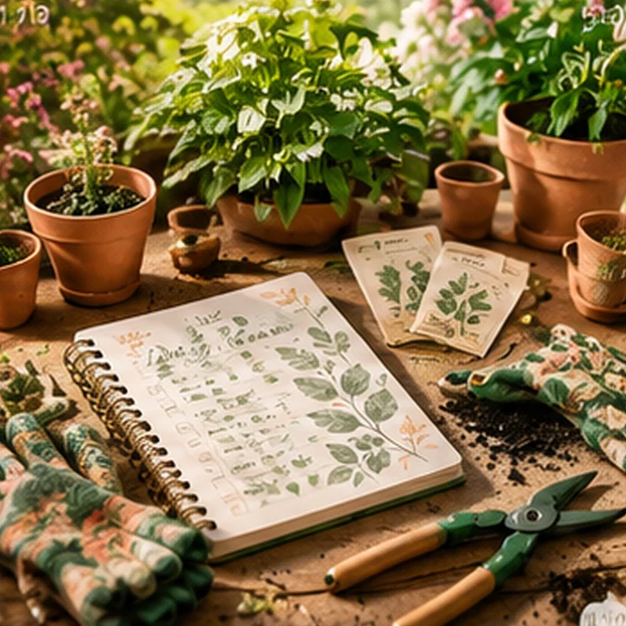 Gardening hobby workspace with plants, tools and botanical journal