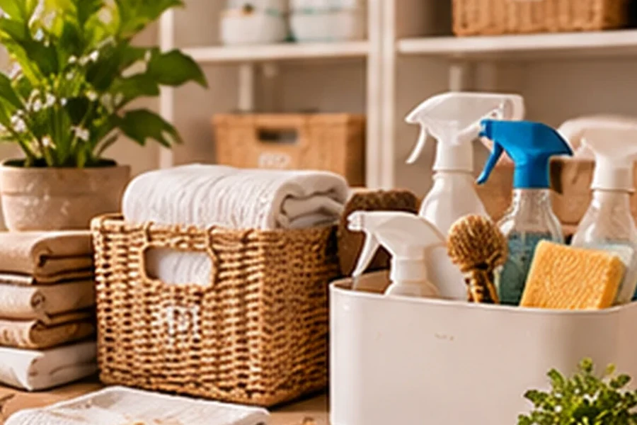 Organized home scene with baskets, folded linens and cleaning supplies