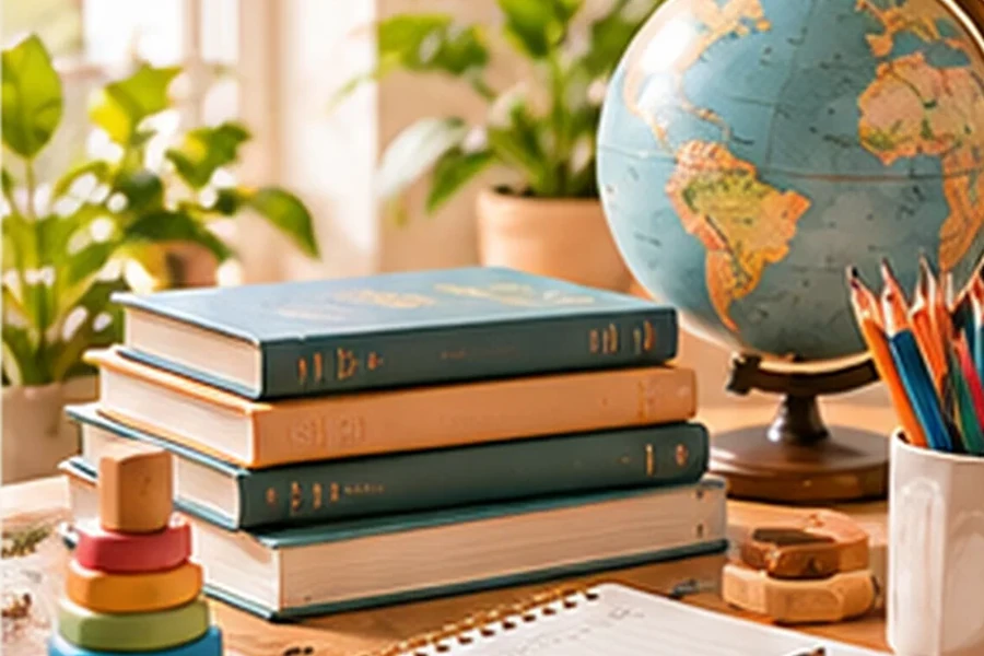 Homeschool learning desk with globe, stacked books, pencils and notebook