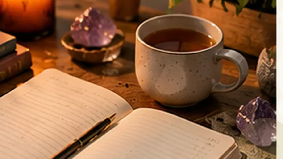 Warm organized lifestyle scene for journaling prompts & creative reflection printables