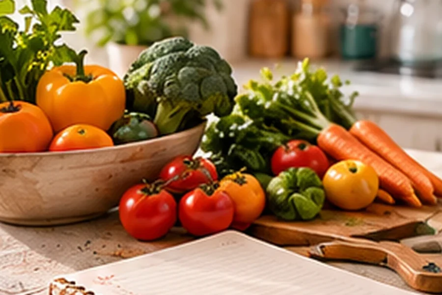 Meal-planning scene with fresh vegetables and an open grocery-planning notebook
