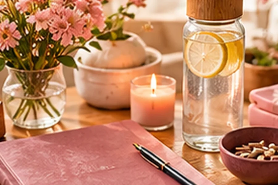 Warm midlife wellness scene with journal, water, tea, flowers and self-care items