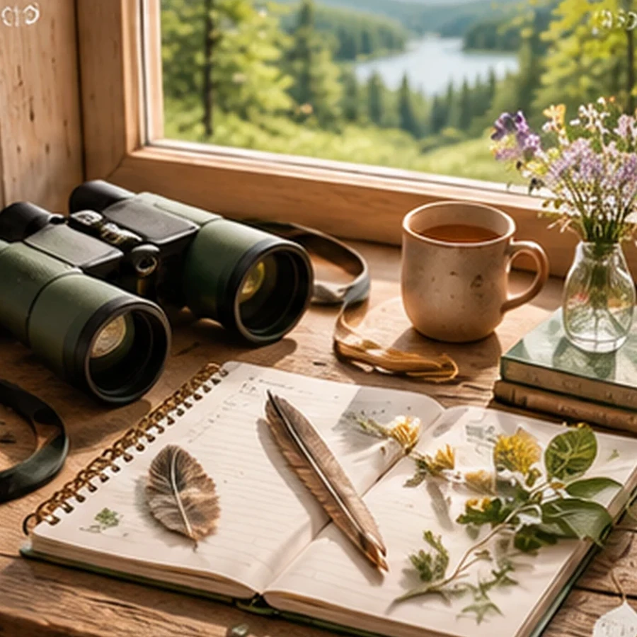 Nature journaling desk with binoculars, feathers, botanical notes and scenic view
