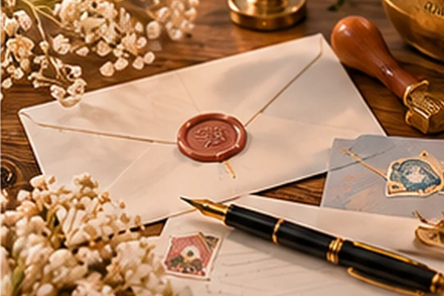 Letter-writing flat lay with envelopes, wax seal, stamps, fountain pen and flowers