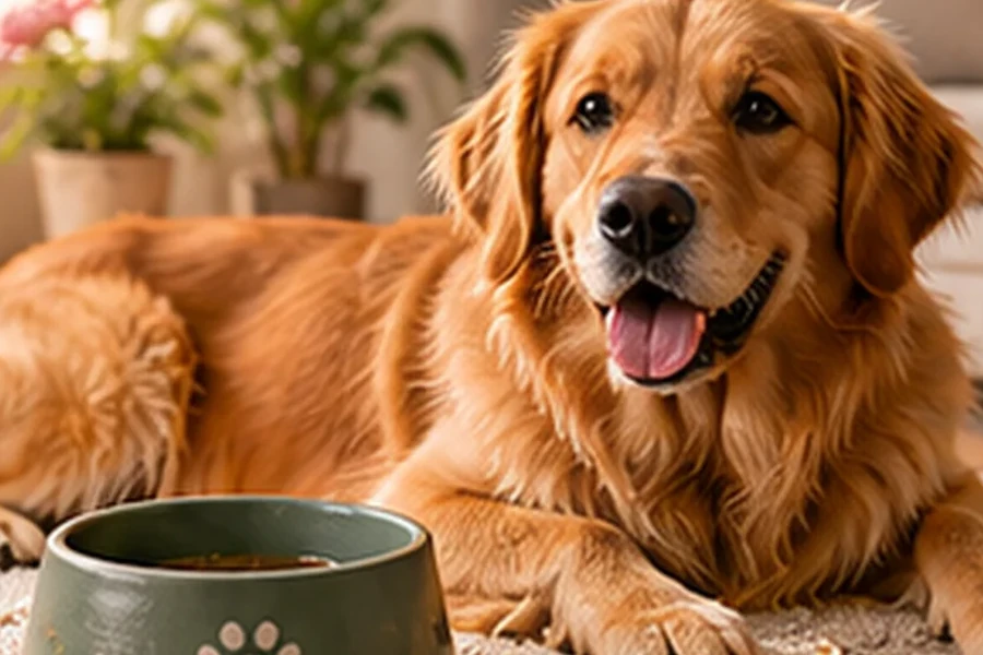 Dog care scene with golden retriever, pet bowl, collar, leash and cozy home setting