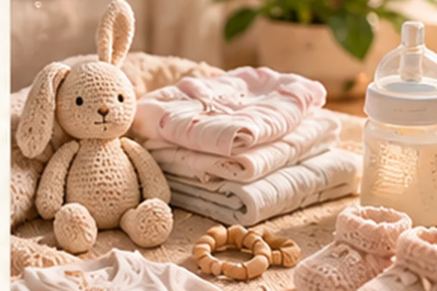 Warm baby-prep scene with baby bottle, soft knitwear, toy and planning notebook