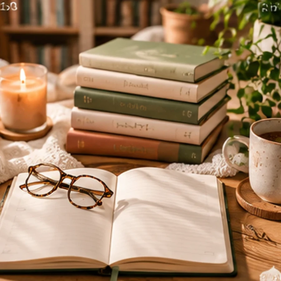 Cozy reading journal scene with stacked books, glasses, tea and open notebook