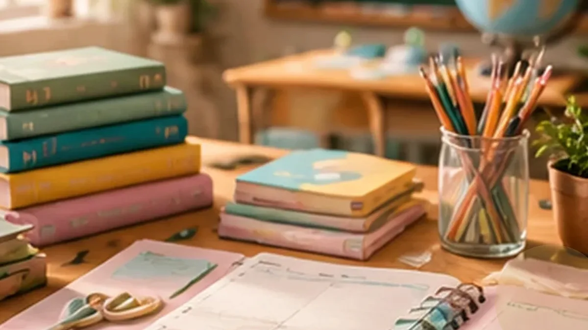 Warm organized lifestyle scene for reading practice & book reports printables