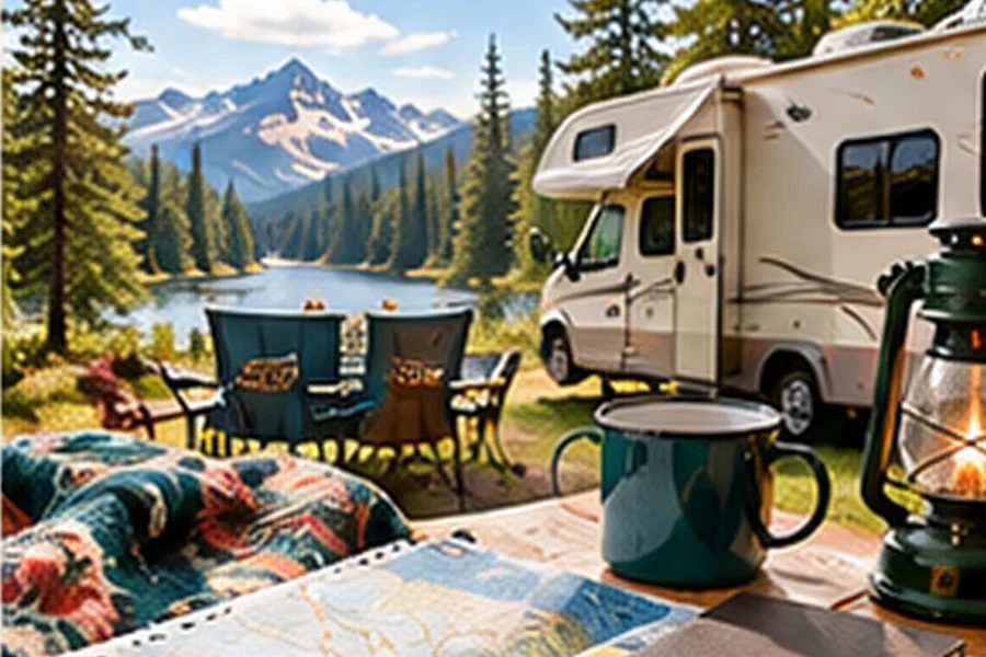 RV campsite planning scene with motorhome, map, notebook, lantern and mountain view