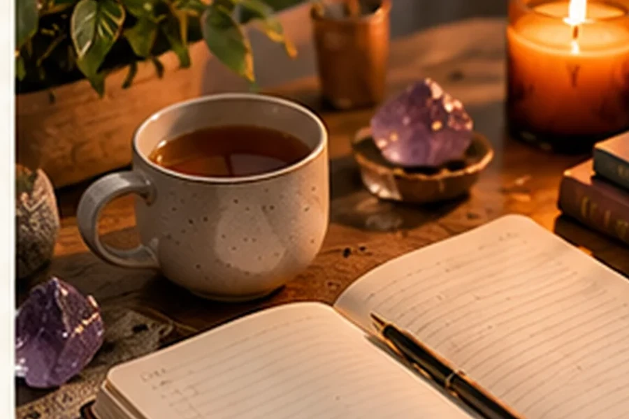 Reflective personal-growth journaling setup with candle, tea and notebook