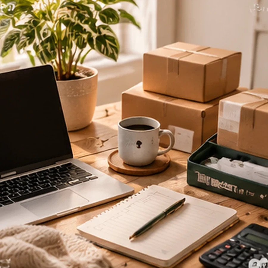 Warm small-business workspace with laptop, parcels and planning notebook