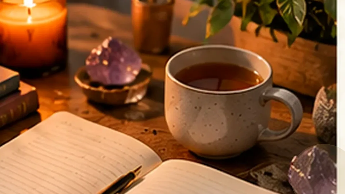 Warm organized lifestyle scene for stress management & burnout reset printables
