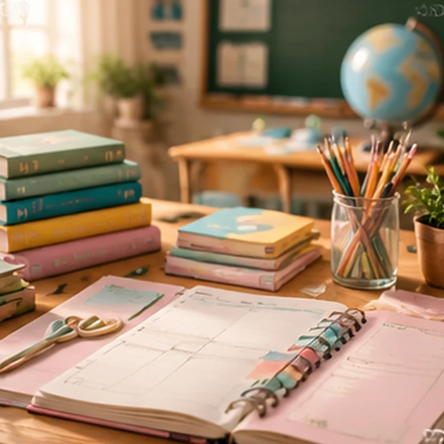 Teacher planning desk with books, globe, pencils and lesson materials