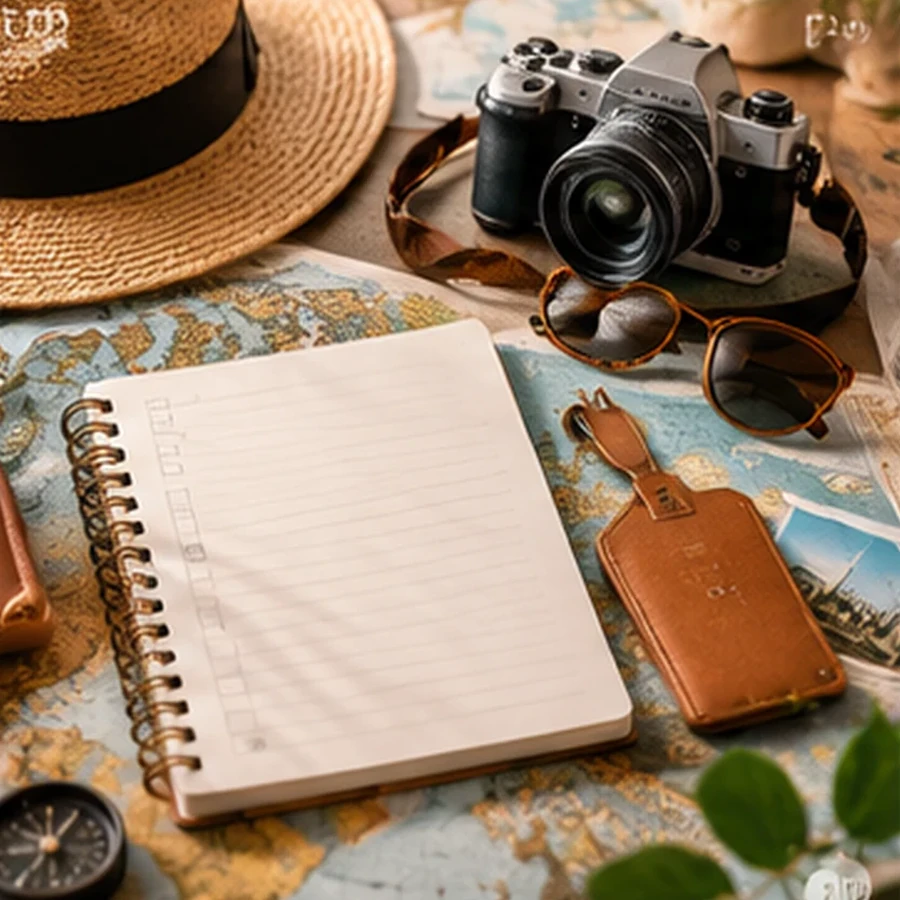 Travel planning desk with map, camera and notebook