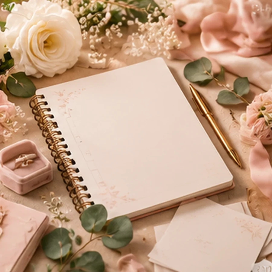 Wedding planning scene with flowers, rings and stationery