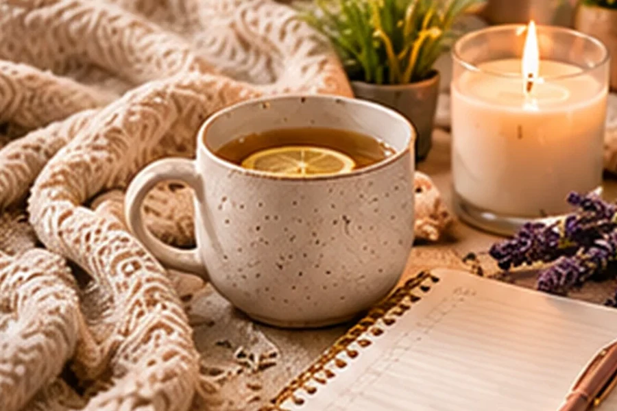 Warm wellness and self-care desk with tea, candle and journal