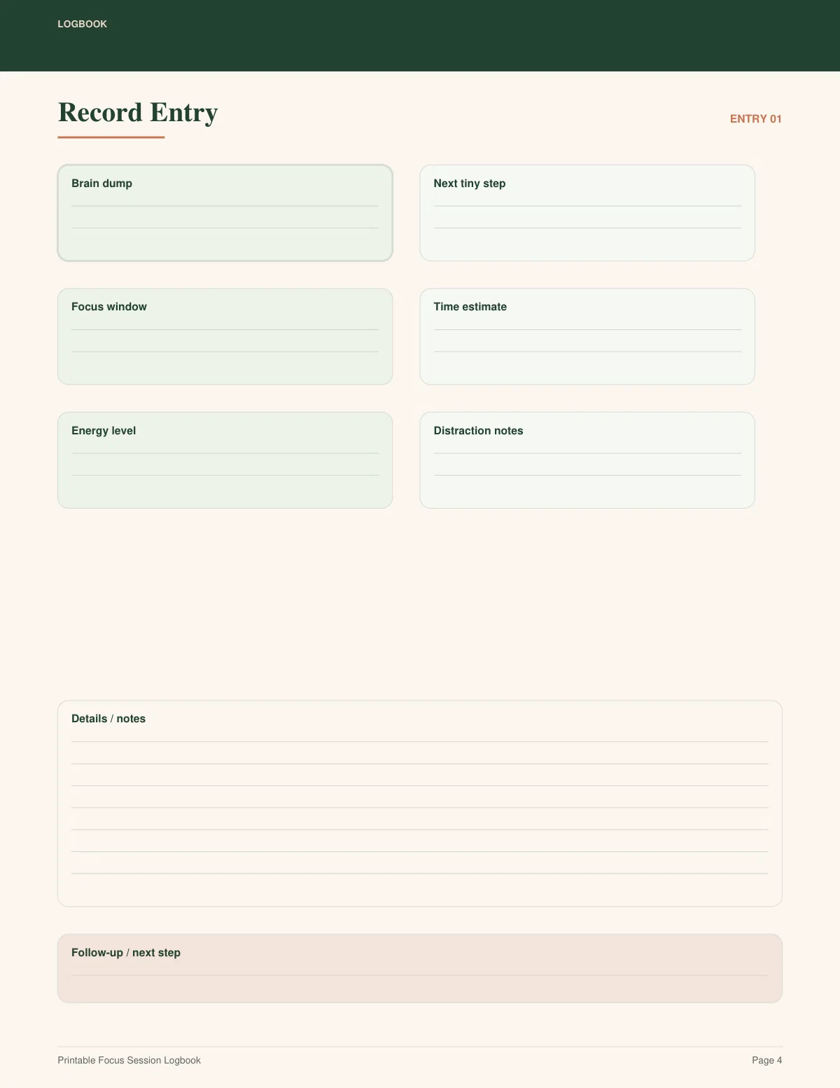 Printable Focus Session Logbook preview 3