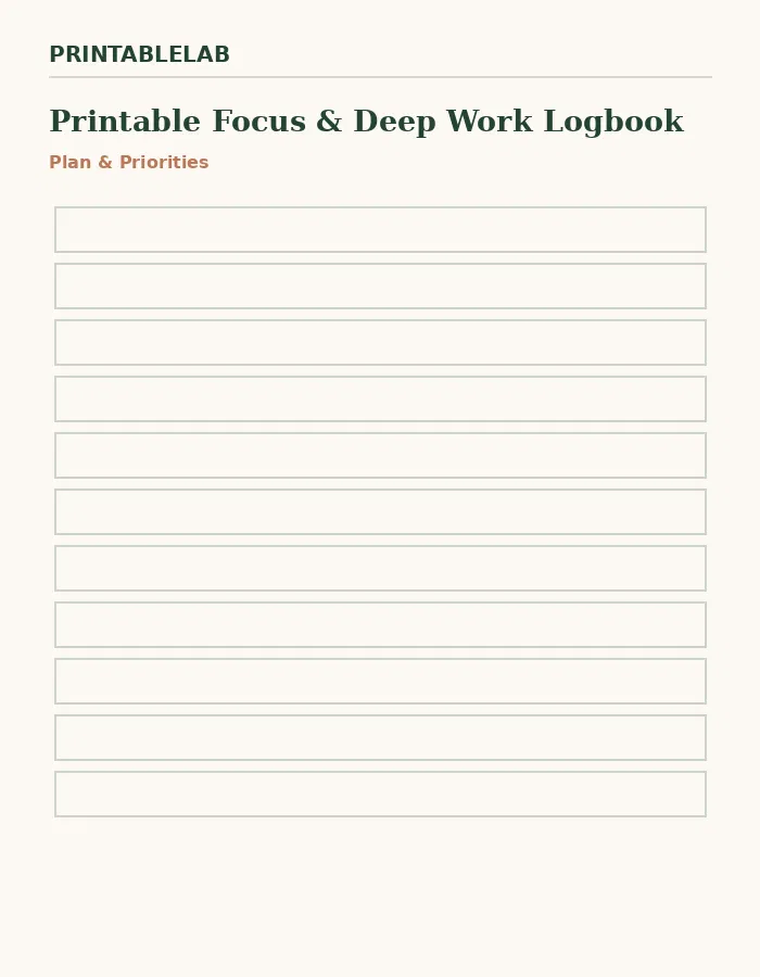 Printable Focus & Deep Work Logbook preview 1
