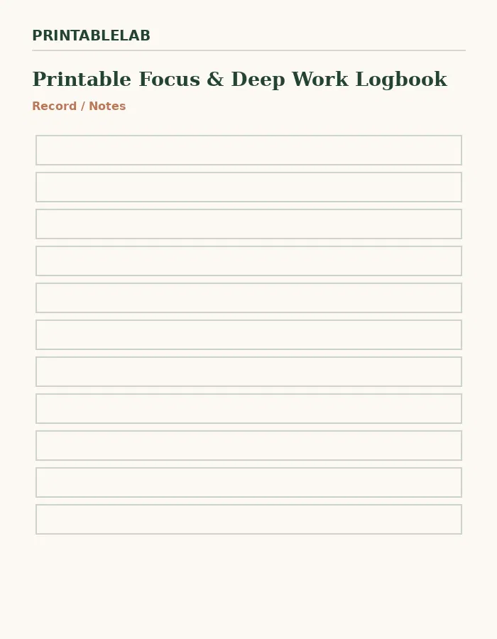 Printable Focus & Deep Work Logbook preview 4
