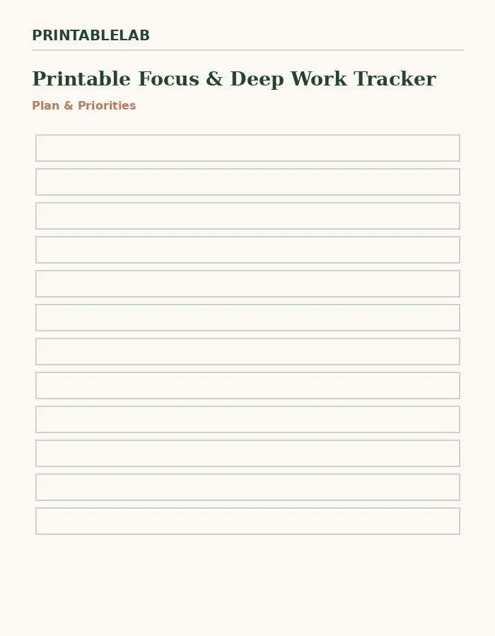 Printable Focus & Deep Work Tracker preview 1