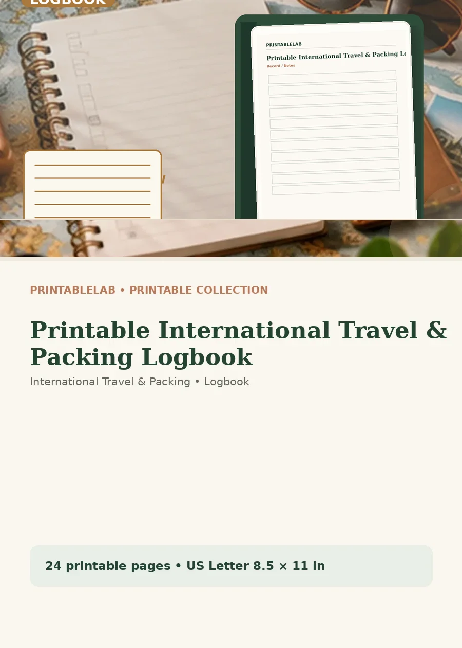Printable International Travel & Packing Logbook cover