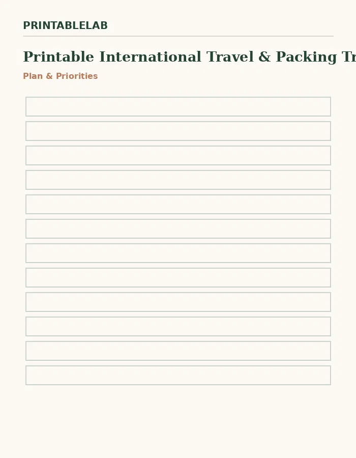 Printable International Travel & Packing Tracker preview 1