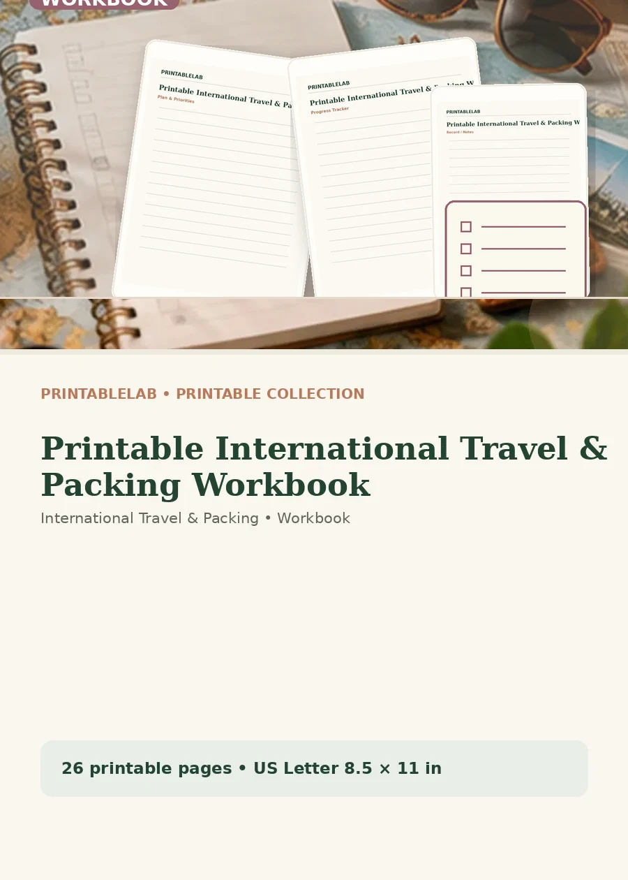 Printable International Travel & Packing Workbook cover