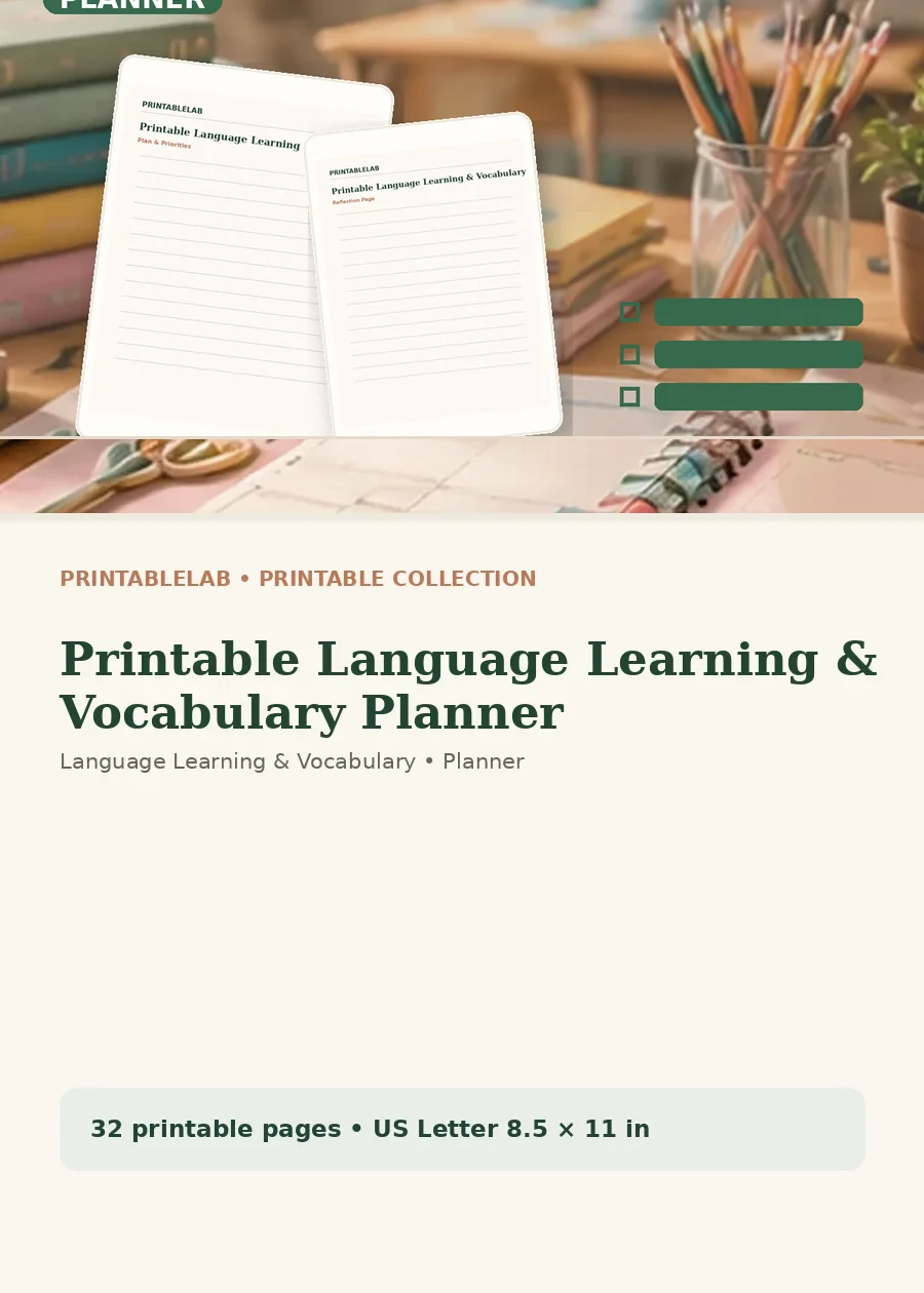 Printable Language Learning & Vocabulary Planner cover