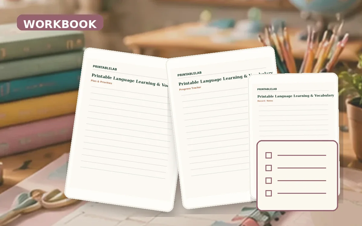 Printable Language Learning & Vocabulary Workbook cover