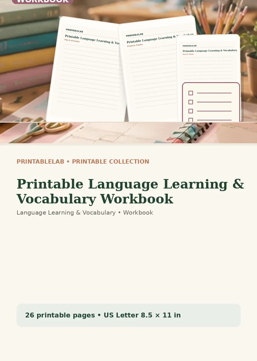 Printable Language Learning & Vocabulary Workbook cover
