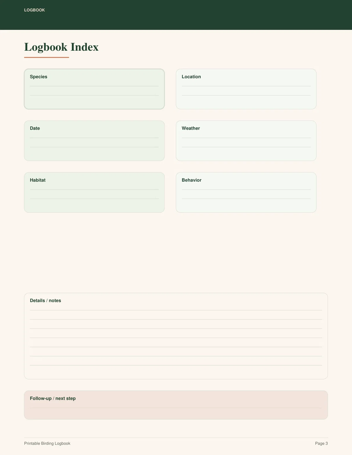 Printable Birding Logbook preview 2