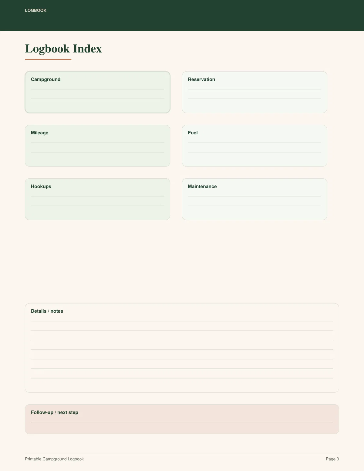 Printable Campground Logbook preview 2