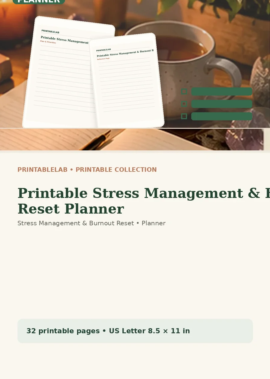 Printable Stress Management & Burnout Reset Planner cover