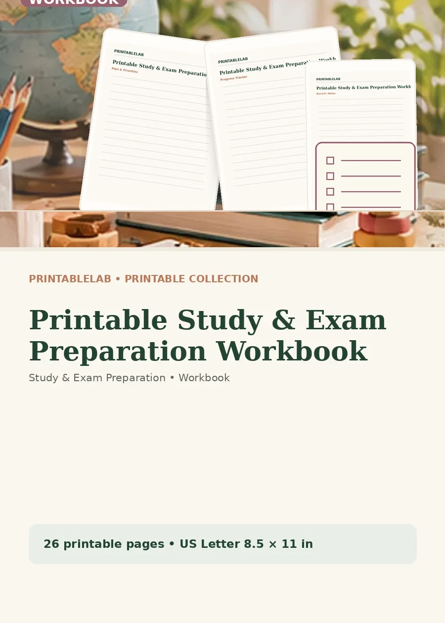 Printable Study & Exam Preparation Workbook cover