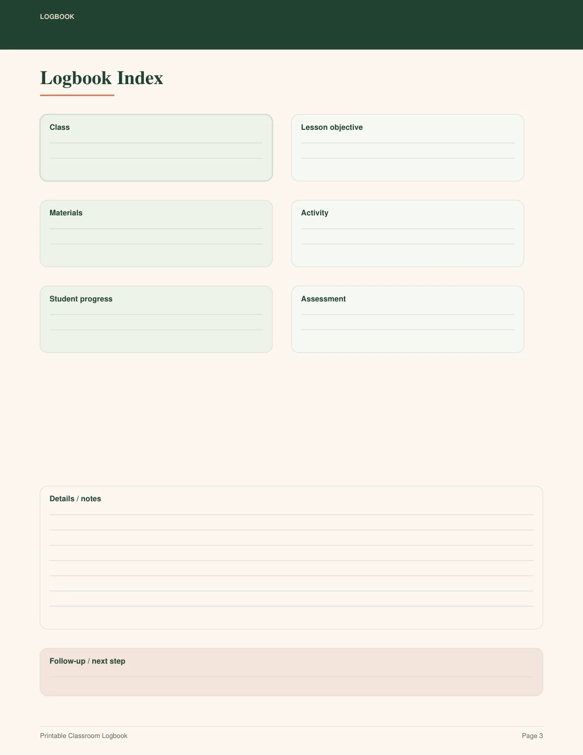 Printable Classroom Logbook preview 2