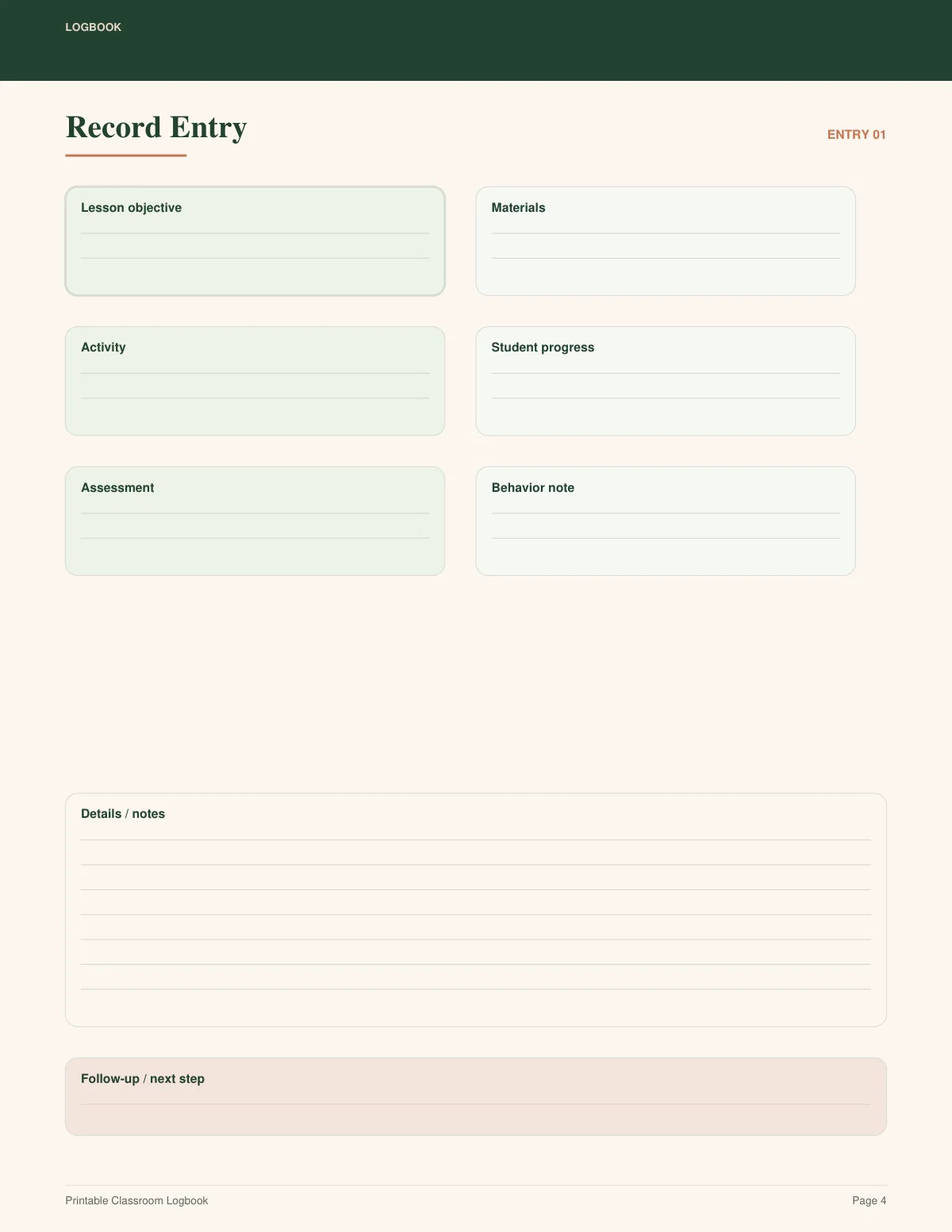 Printable Classroom Logbook preview 3