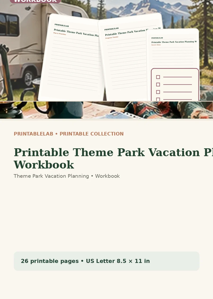 Printable Theme Park Vacation Planning Workbook cover